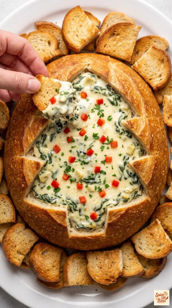Christmas Tree Spinach Artichoke Dip Bread Bowl
