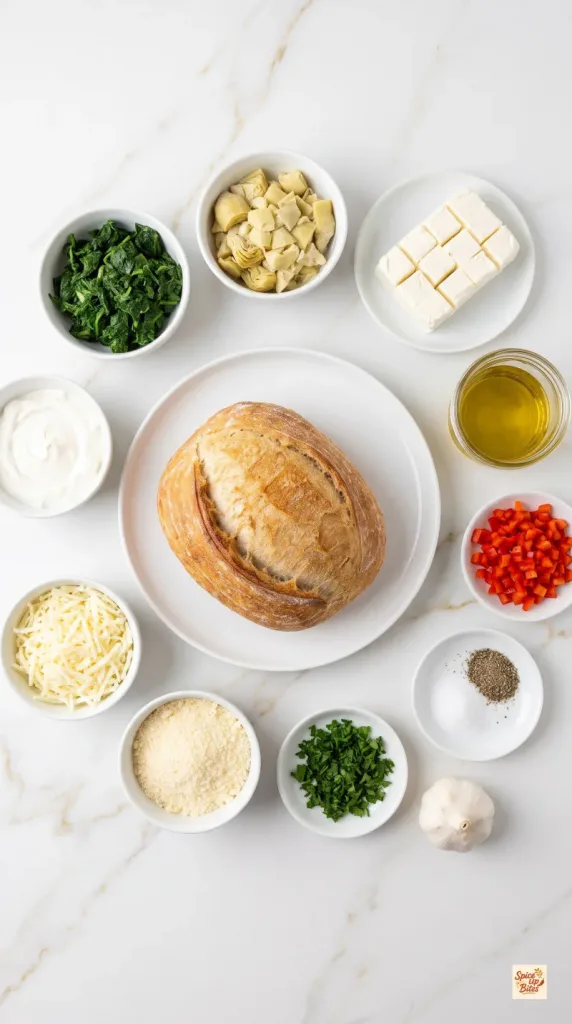 Ingredients for Christmas Tree Spinach Artichoke Dip Bread Bowl