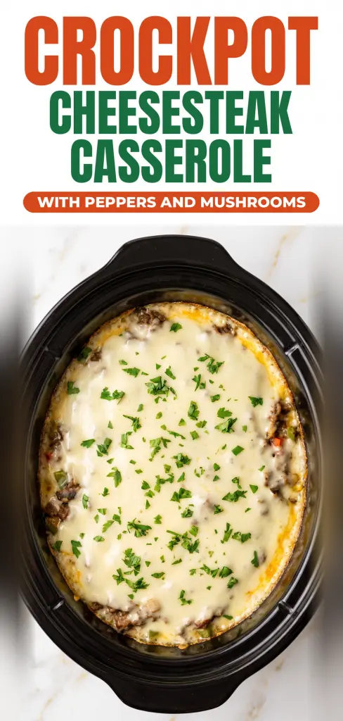 Crockpot Cheesesteak Casserole Loaded with Peppers and Mushrooms