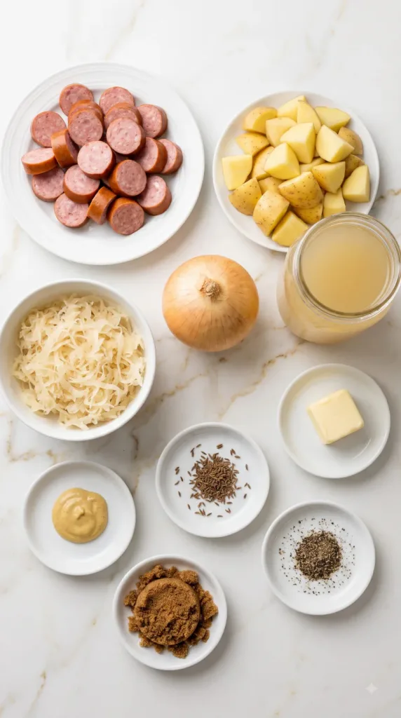 Ingredients for Crockpot Kielbasa, Sauerkraut & Potatoes