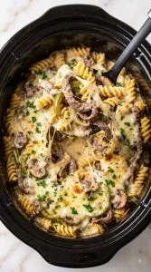 Crockpot Philly Cheese Steak Pasta Casserole