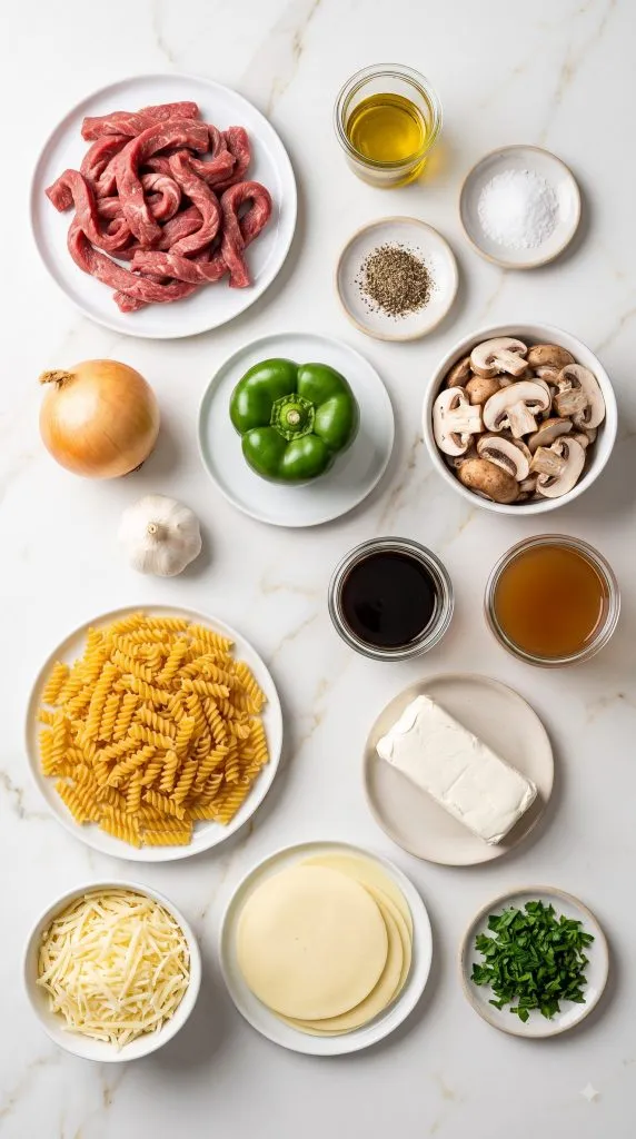 Ingredients for Crockpot Philly Cheese Steak Pasta Casserole