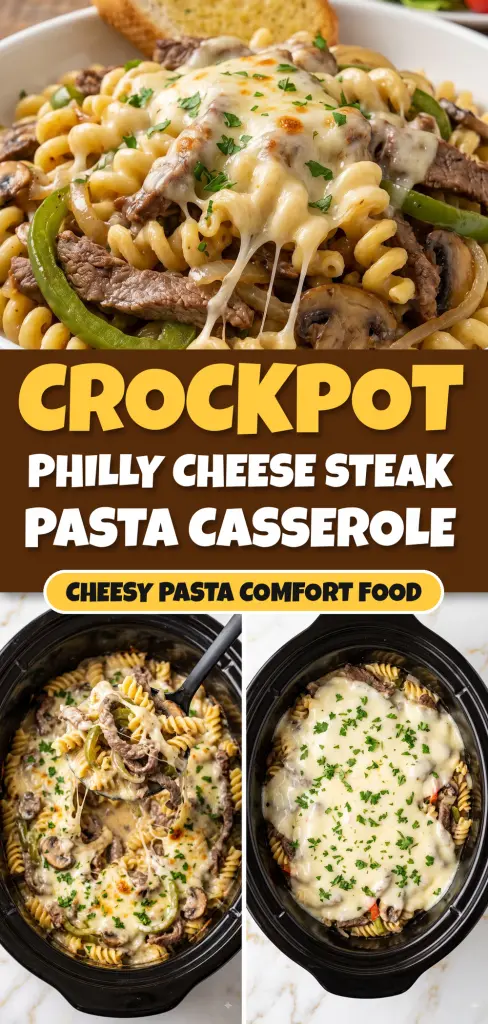 Cheesy Crockpot Philly Cheese Steak Pasta Casserole