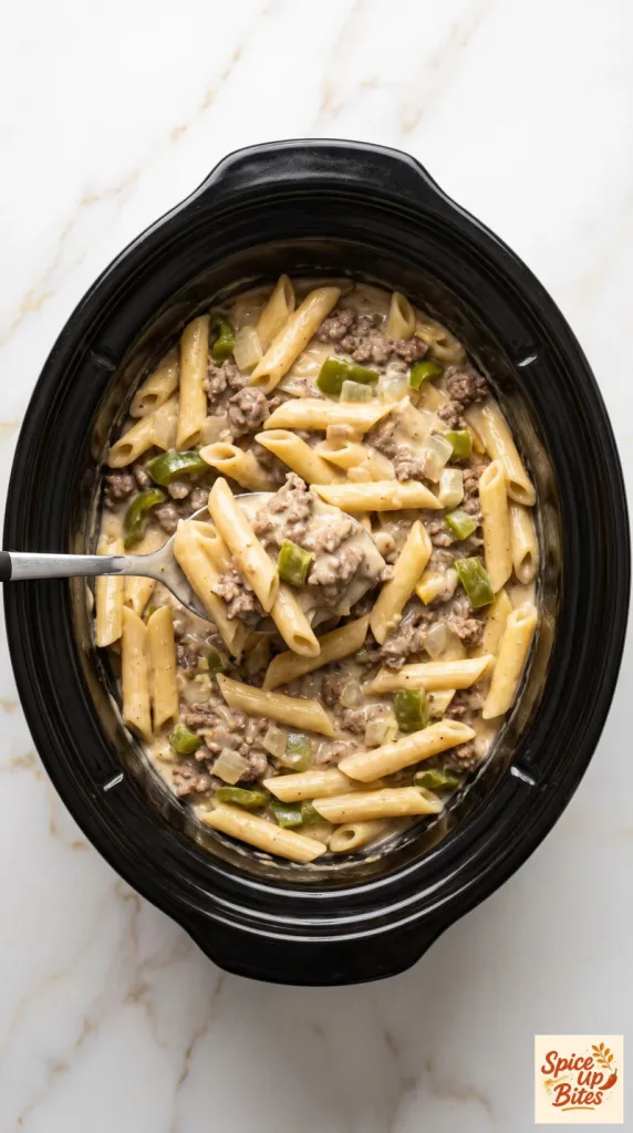 Crockpot Philly Cheesesteak Pasta