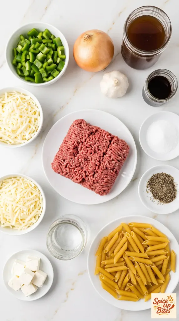 Ingredients for Crockpot Philly Cheesesteak Pasta
