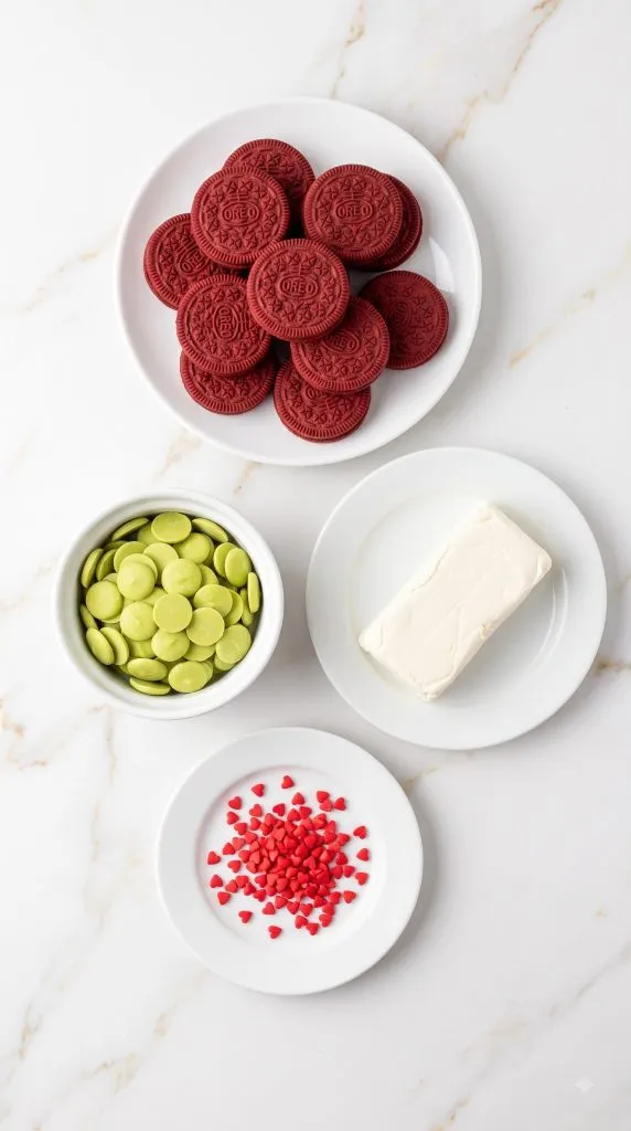 Ingredients for Grinch Oreo Balls (with Red Velvet Oreos)