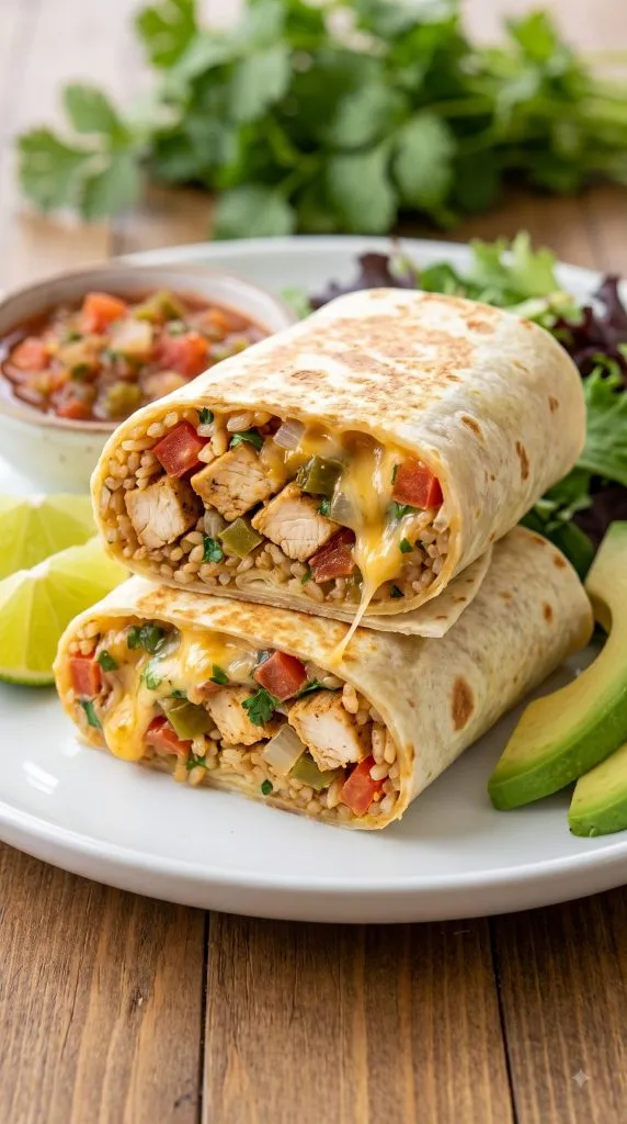 High Protein Cheesy Chicken and Rice Burritos
