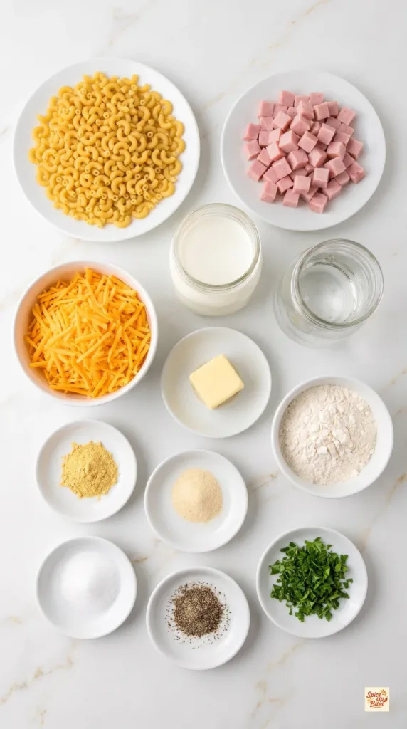 Ingredients for Mac and Cheese Ham Casserole