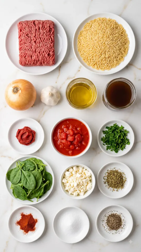 Ingredients for Mediterranean Ground Beef and Orzo