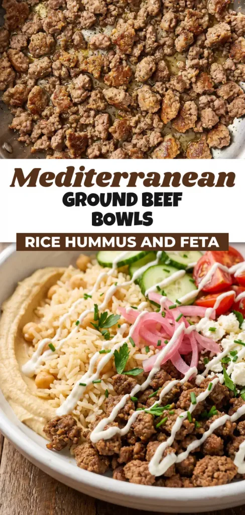 Mediterranean Ground Beef Bowls with Rice, Hummus and Feta