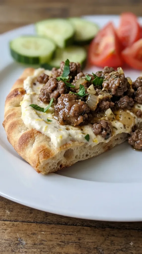 Why this Mediterranean Ground Beef Flatbread with Lemon Honey Feta Cream works