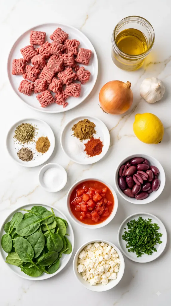 Ingredients for Mediterranean Ground Beef Skillet