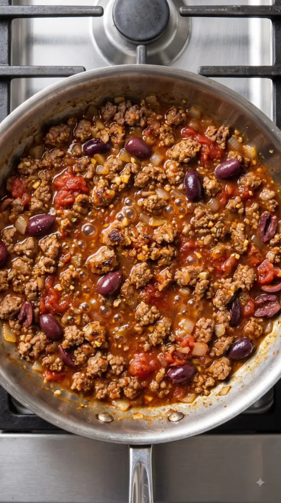 Step 4: Simmer the Tomatoes and Olives