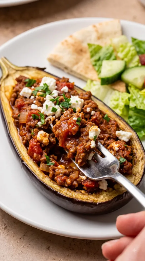 Mediterranean Ground Beef Stuffed Eggplant