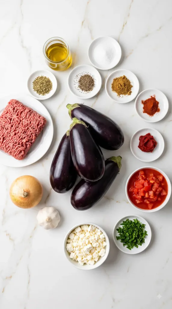 Ingredients for Mediterranean Ground Beef Stuffed Eggplant
