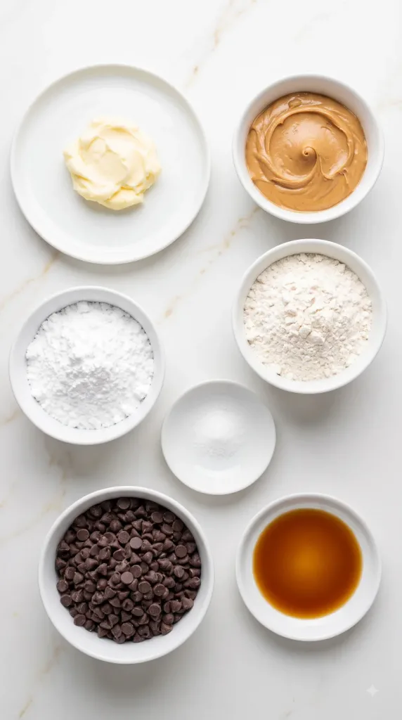 Ingredients for Peanut Butter Chocolate Chip Snowball Cookies