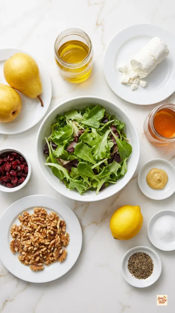 Ingredients for Pear Walnut Salad with Cranberries and Goat Cheese
