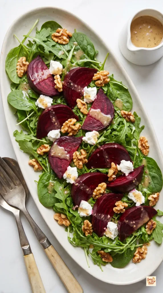 Roasted Beet Salad with Goat Cheese, Walnuts & Honey-Dijon Vinaigrette
