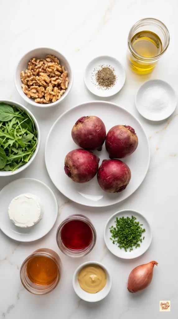 Ingredients for Roasted Beet Salad with Goat Cheese, Walnuts & Honey-Dijon Vinaigrette