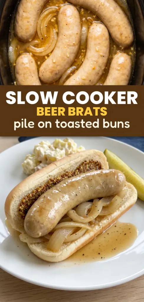 Juicy Slow Cooker Beer Brats Piled on Toasted Buns