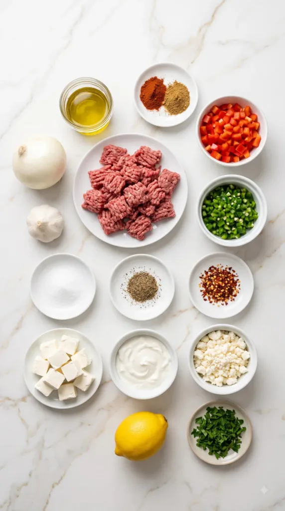 Ingredients for Spicy Jalapeño Popper Mediterranean Ground Beef Stir Fry